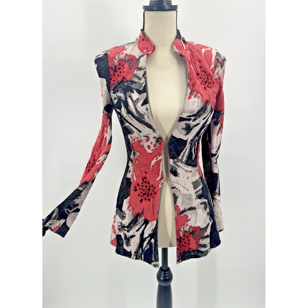 St John Floral Abstract Jacket Knit Blazer 2 Coral Black Multicolor Quiet Luxury